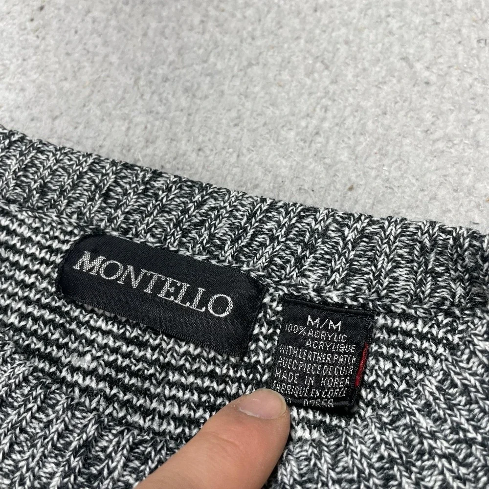 Vintage Montello Sweater Mens Medium Gray Aztec Geometric Knit Leather Crewneck‎